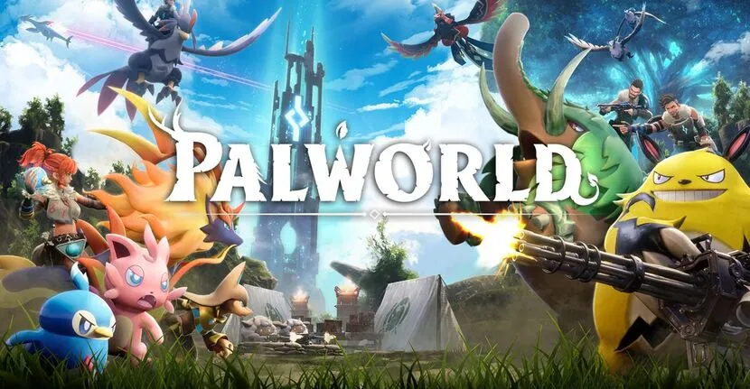 The Palworld logo on the video game start screen background.